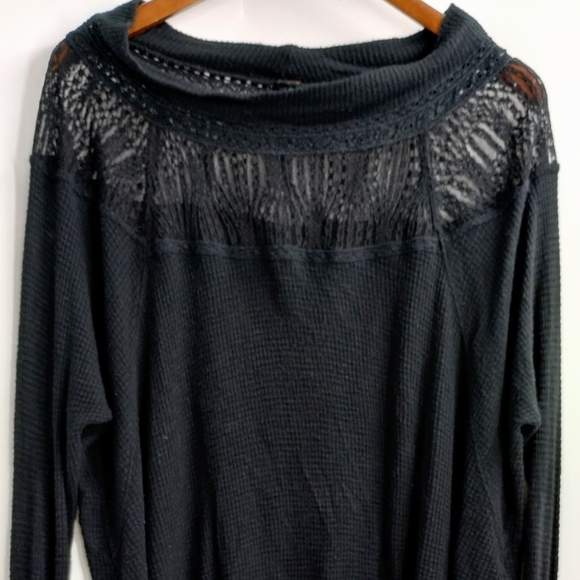 Free People Black Waffle Thermal Lace Neck Top - Picture 7 of 15